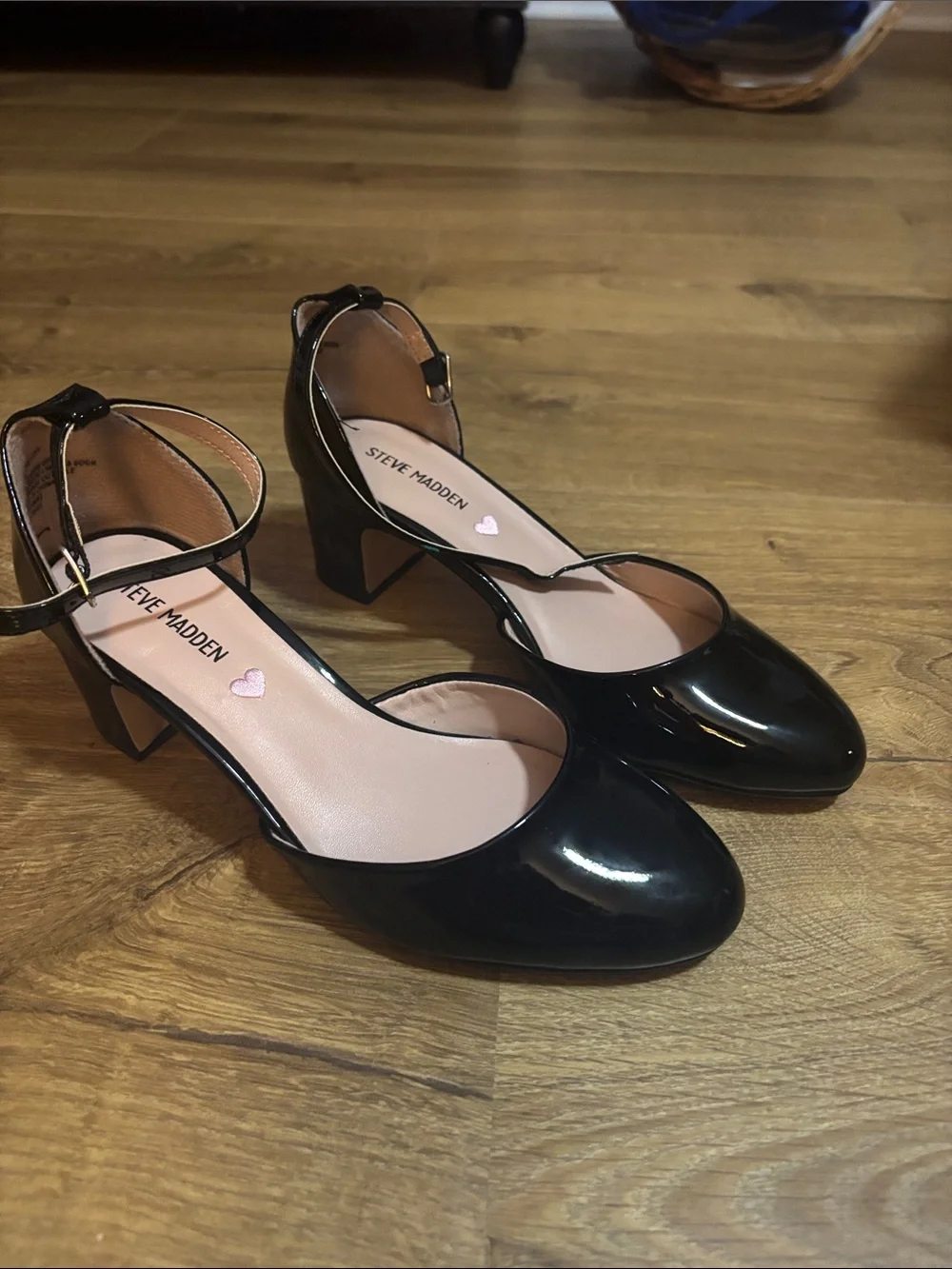 Steve Madden Black Patent Round-Toe Ankle Strap Heels